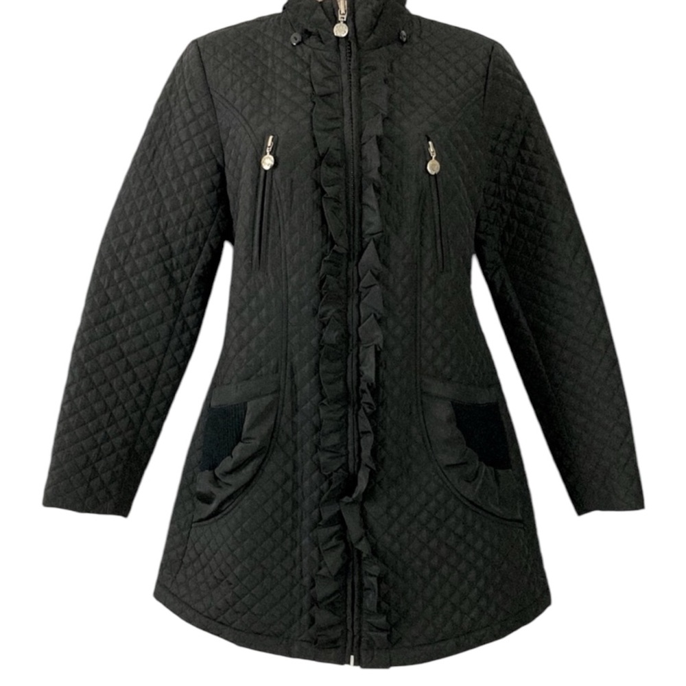 Betsey Johnson Black Quilted Hooded Jacket Zip Ruffle Front Knit Zip Pockets - Picture 2 of 13